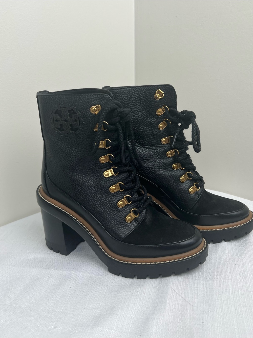 Tory Burch Black Leather Lace-Up Lug Heel Ankle Boots with Gold Hardware